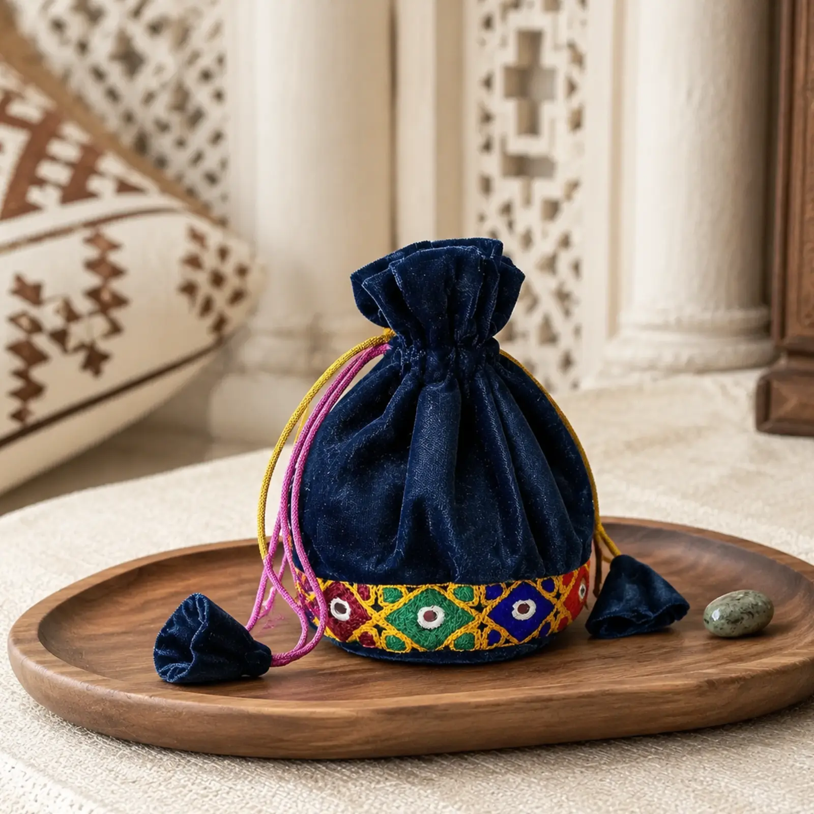 Velvet Jewellery Pouch with Embroidered Band