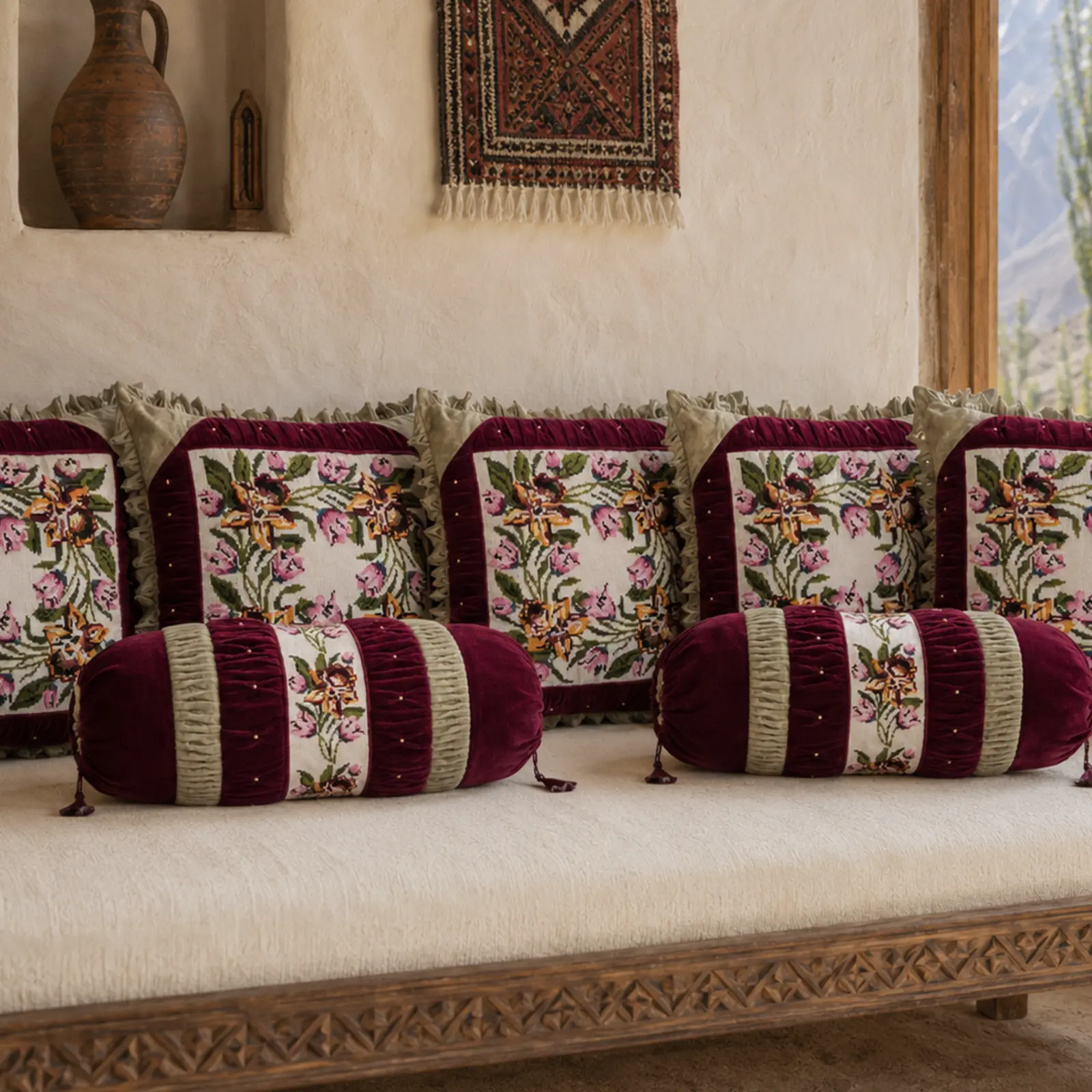 Burgundy Floral Cushion-Cover Set