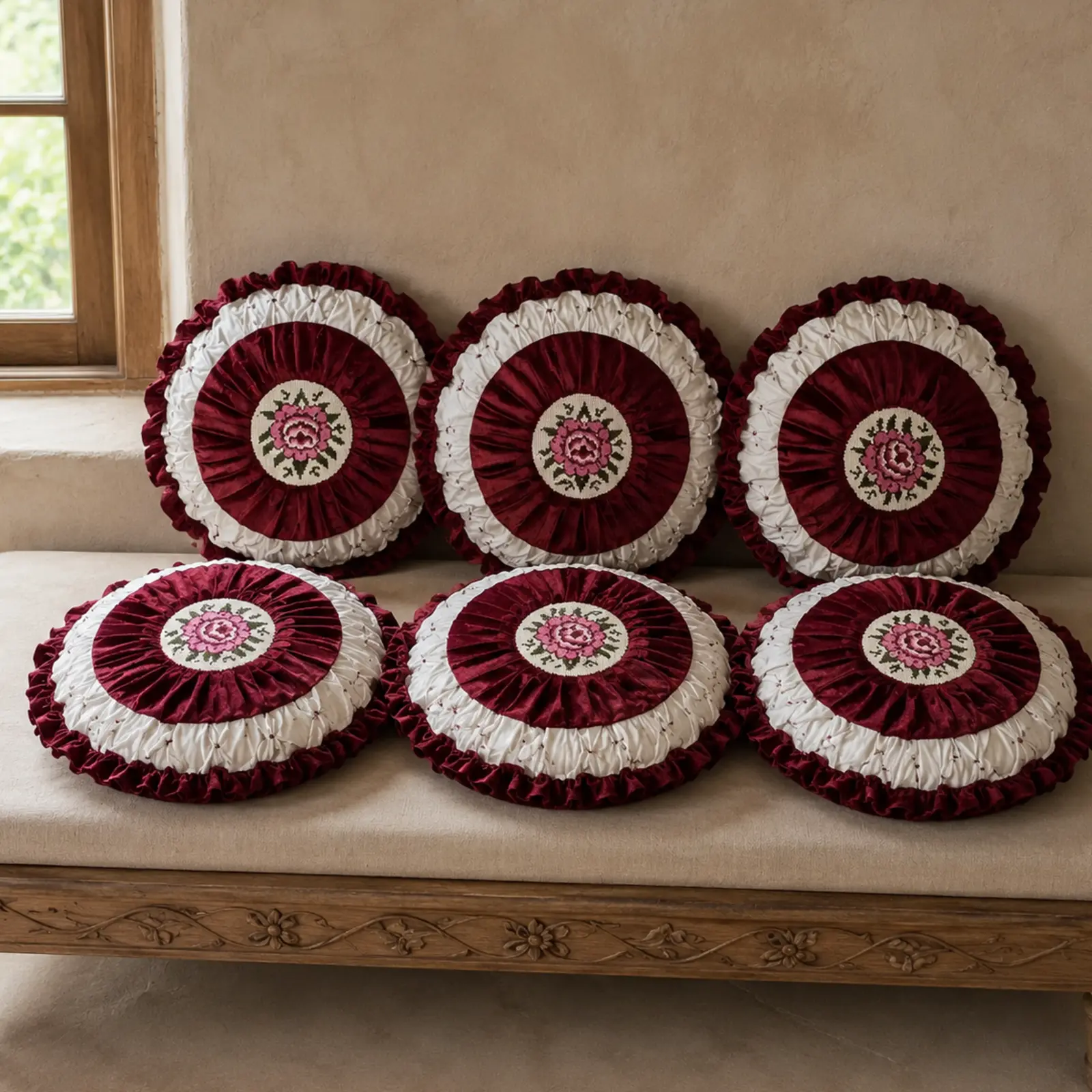 Round Rose Embroidered Cushion-Cover Set