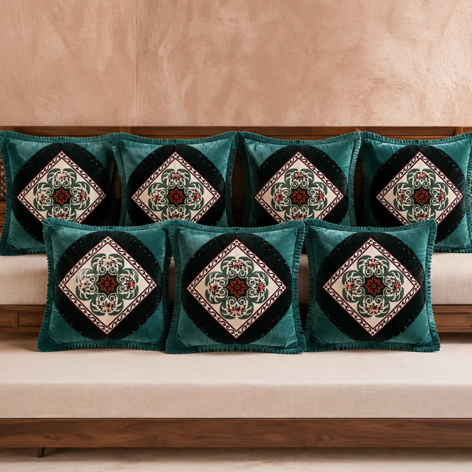 Teal & Black Embroidered Cushion-Cover Set