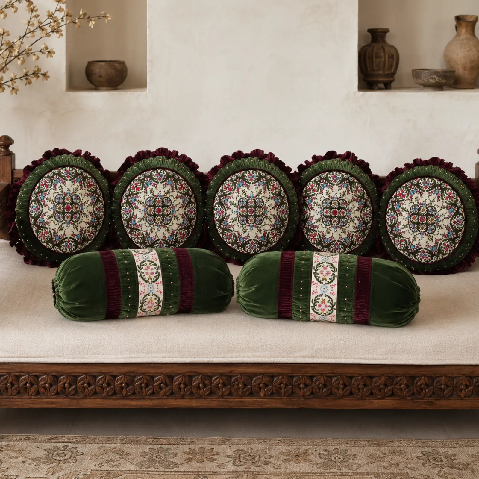 Olive & Burgundy Embroidered Cushion-Cover Set