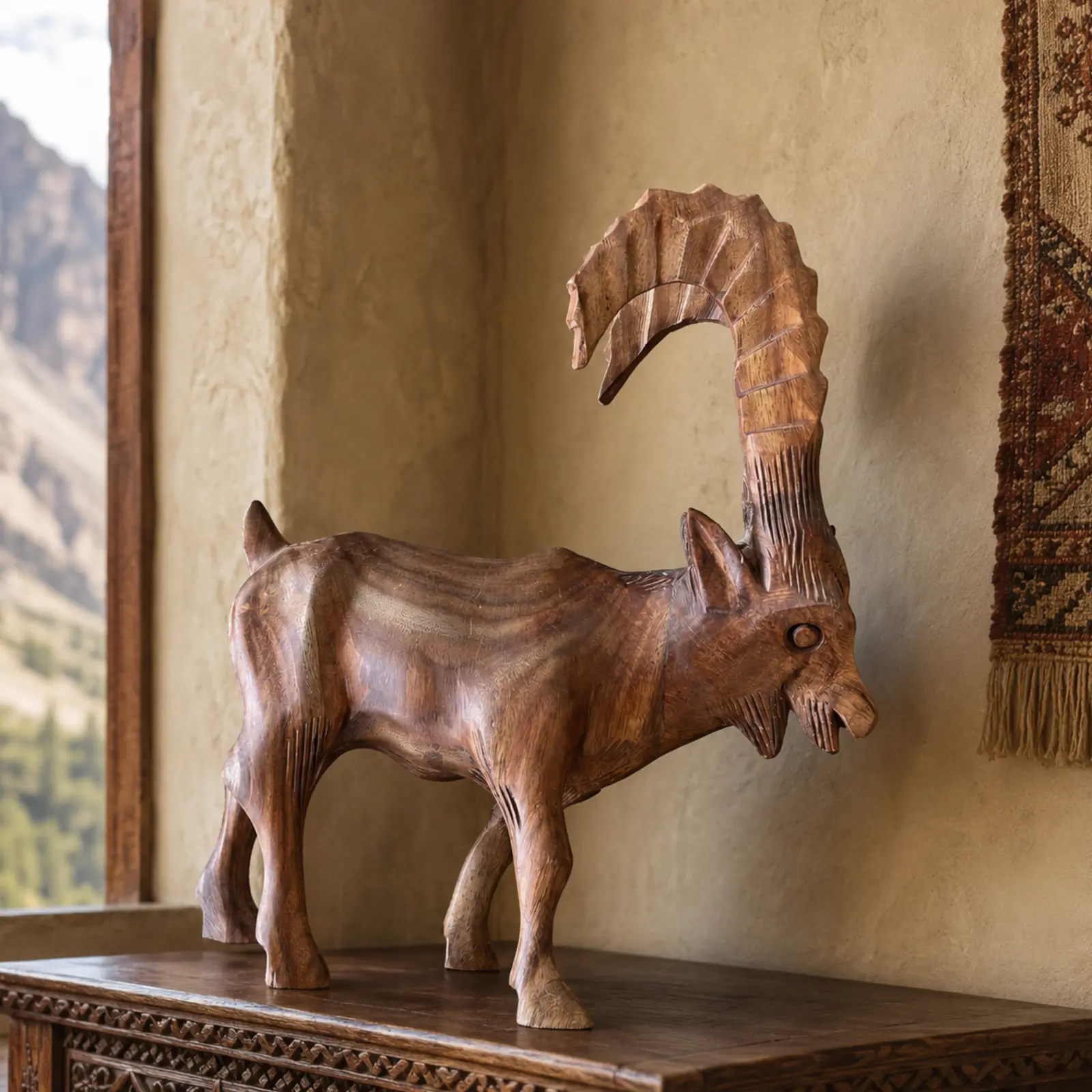 Hand-Carved Walnut-Wood Ibex