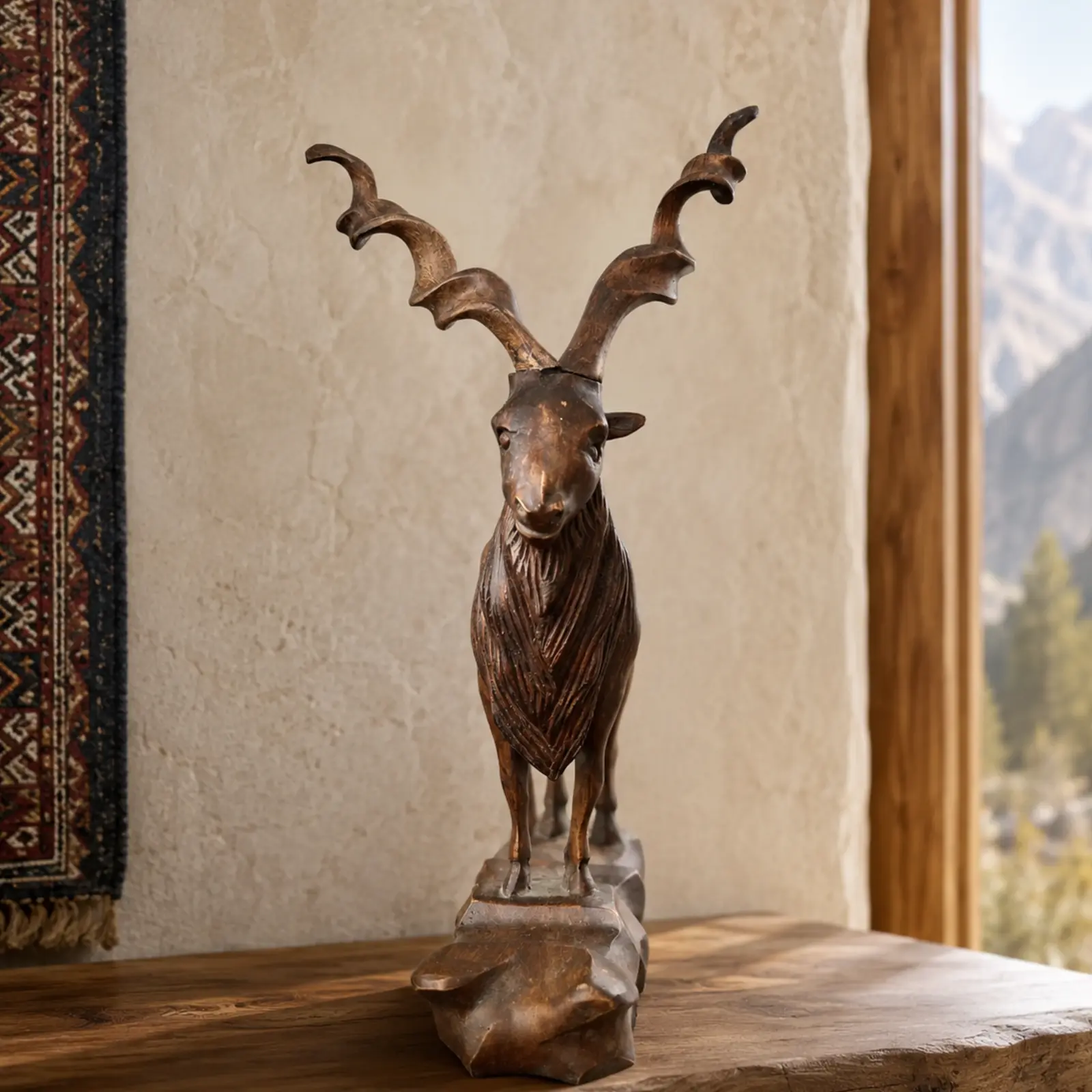 Hand-Carved Walnut-Wood Markhor
